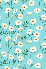 A seamless pattern of white and yellow daisies on a blue background.