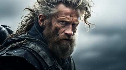 Fototapeta premium rugged bearded man with windswept hair in stormy weather