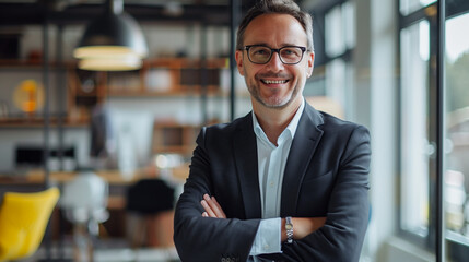 Fototapeta premium smiling businessman or CEO of a company in modern office, portrait of a smiling person in office, corporate life 