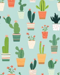 A seamless pattern with cute cartoon cacti in pots. The cacti are of different shapes and sizes, with some having flowers. The pots are colorful and have different patterns. The background is a light