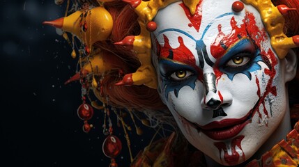 Vibrant face art with dramatic makeup and accessories