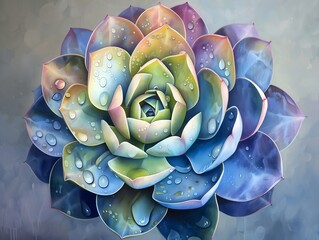 a beautiful rainbow color succulent with blue water drops on it, golden ratio, precisionist art, light green and gray, aerial abstractions