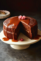 Food, bakery and holiday baking recipe, chocolate cake pudding with cocoa caramel sauce, post-processed, generative ai