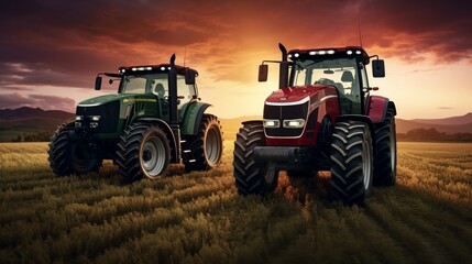 Powerful tractors working in a golden wheat field at sunset