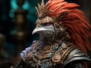 Ornate fantasy bird creature with intricate metallic armor and vibrant feathers