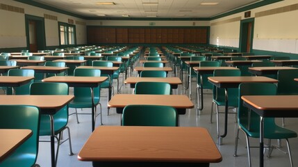 empty classroom with desks and chairs