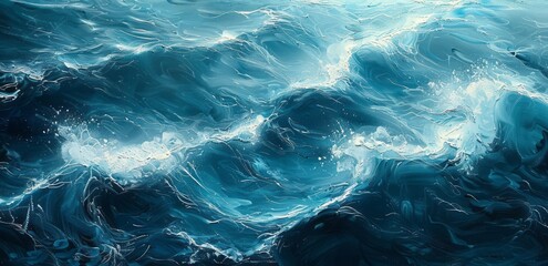 Aerial view of the ocean, with shades of blue and white waves, creating an abstract background - obrazy, fototapety, plakaty