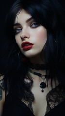 Mysterious woman with dark hair and red lips