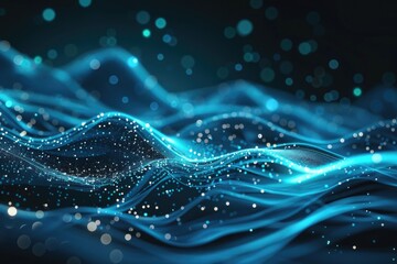 Dark background with light dots in the shape of waves, blue colors, glowing lights, and an abstract design