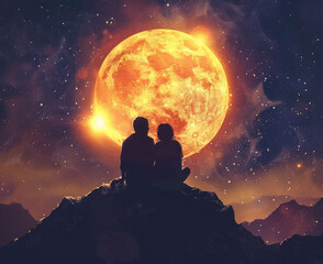 Couple in outer space enjoying the view of the sun