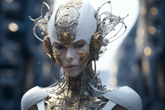 Futuristic cyborg woman with intricate metallic headpiece