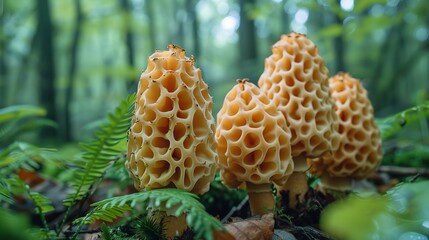 An in-depth view of an array of gigantic lovely edible wild morel mushrooms sprouting in a bare woodlands, with verdant greenery in the setting and space, Generative AI. - obrazy, fototapety, plakaty