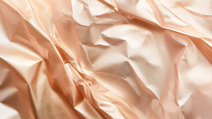 A luxurious, crinkled satin fabric in soft rose gold, capturing light and shadow across its textured, shimmering surface.