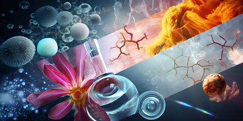 Microscopic modern world with nanotechnologies biological particles background

