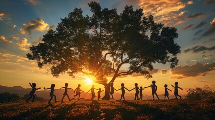 The photo shows a group of diverse children holding hands and dancing in a circle around a large tree at sunset.