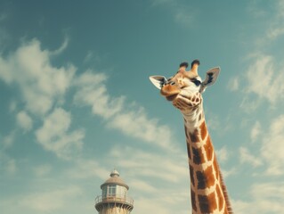 curious giraffe looking up at lighthouse