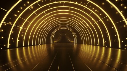 Intricate golden lines and radiant light spots forming an arch on a dark background, highlighting a gradient effect for added depth