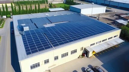 Solar panels installed on a roof of a large warehouse or industrial building.
