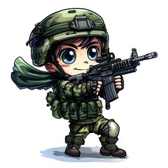 Little cartoon soldier. Tactical soldier. Sticker Clipart. AI generated.