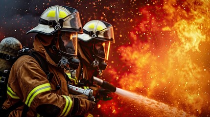 Fototapeta premium 911. Firefighters at work against the backdrop of a raging flame. Brave firefighters battling the inferno, risking their lives to save others.