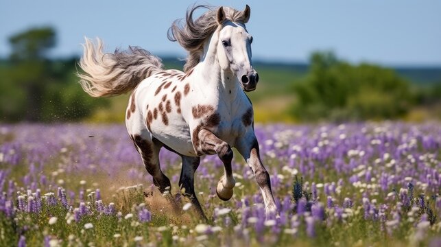beautiful appaloosa horse running through a field of purple flowers