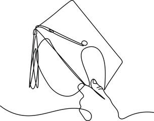 Continuous one line drawing of hand holding graduation hat