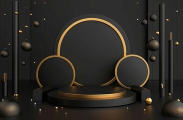 Black background with golden circular elements, podium display design with black background, highend feel, dark tone, dan threedimensional shape