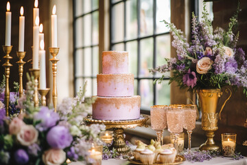 Wedding cake with lavender floral decor, party celebration and holiday dessert in a countryside garden, event food catering, country cottage style, post-processed, generative ai