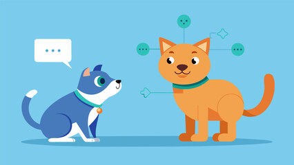 An animated gif of a dog wagging its tail and a cat purring with a caption explaining how the software can decipher subtle behavioral cues to. Vector illustration