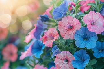A close shot of petunia flower with blue and pink combination with a big blurry backdrop for text or product advertisement background, Generative AI.