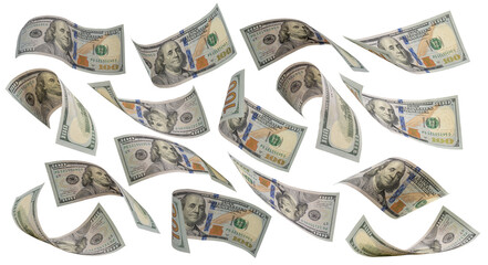 collection of flying money 100 dollar isolated with clipping path on  background.
