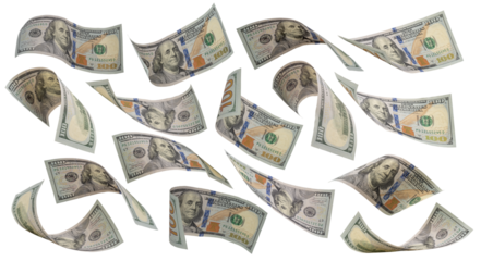 collection of flying money 100 dollar isolated with clipping path on  background.