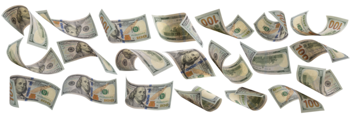 collection of flying money 100 dollar isolated with clipping path on  background.