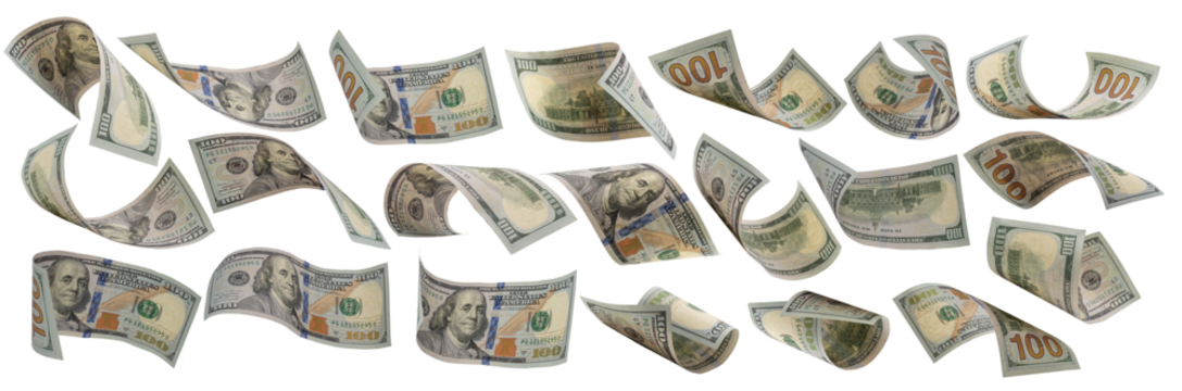 collection of flying money 100 dollar isolated with clipping path on  background.