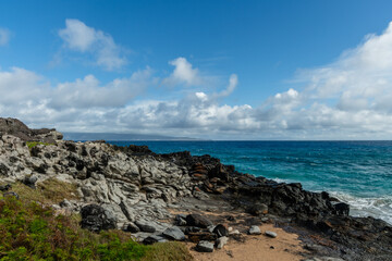 Beautiful Kapalua Coastal Trail vista on Maui, Hawaii, with Molokai Island visible at a distance
