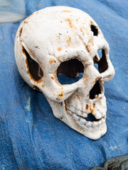Rusted Human Skull Replica on Blue Fabric
