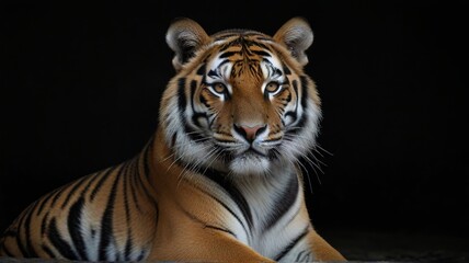 Fototapeta premium Close up of tiger on black background with copy space for text.