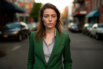 Fototapeta premium confident woman in green coat on city street