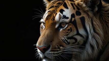 Fototapeta premium Close up of tiger on black background with copy space for text.