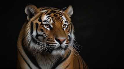 Obraz premium Close up of tiger on black background with copy space for text.