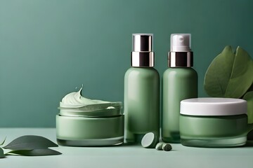 environmentally friendly  cosmetics line with green  color,  copy space , makeup,  skin care items