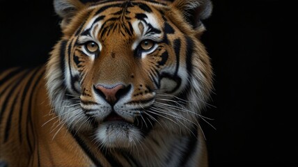 Close up of tiger on black background with copy space for text.