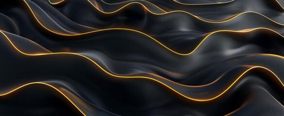 Black background with golden lines, curved wave shapes, light and shadow effects