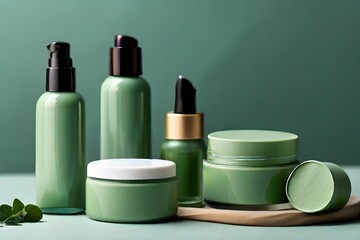 environmentally friendly  cosmetics line with green  color,  copy space , makeup,  skin care items