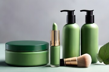 environmentally friendly  cosmetics line with green  color,  copy space , makeup,  skin care items