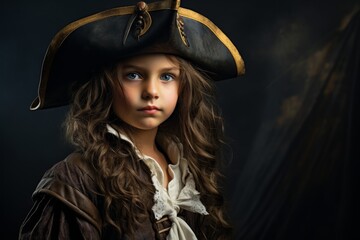 Mysterious young pirate girl with curly hair and blue eyes
