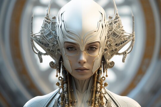 futuristic cyborg woman with intricate metallic headpiece
