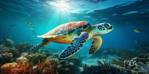 Obraz premium Vibrant underwater sea turtle swimming in coral reef