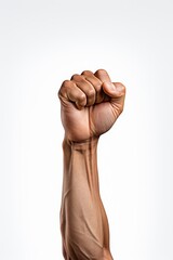 Clenched fist raised in protest or determination