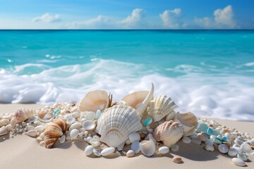 Seashells and pebbles on a tropical beach